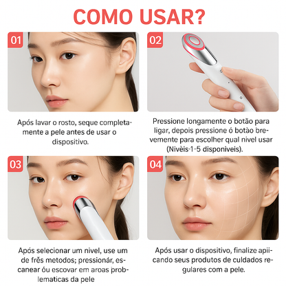 Use Nuvé LumiWand™ aparelho facial 4 em 1 com microcorrente e LED